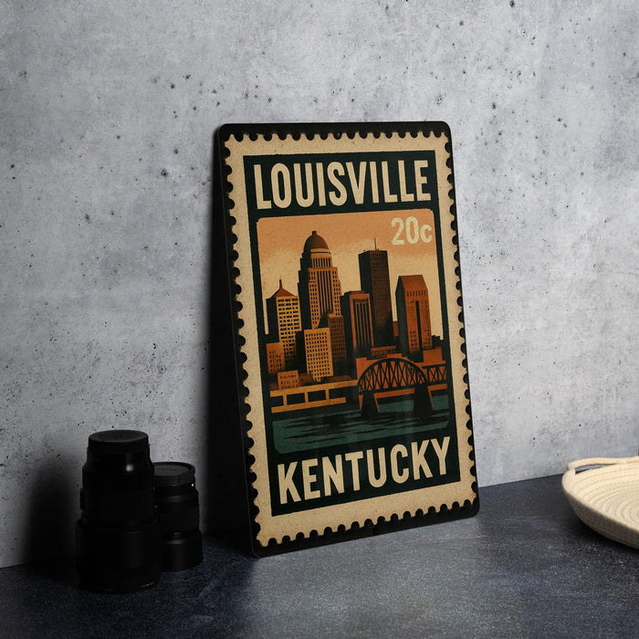 A framed postage stamp depicting the skyline of Louisville, Kentucky, with a bridge and buildings.