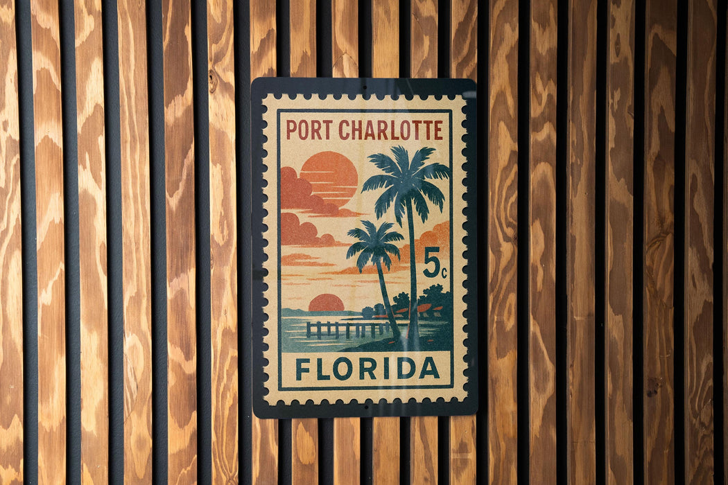 A vintage-style postage stamp from Port Charlotte, Florida, featuring a tropical beach scene with palm trees and a sunset.