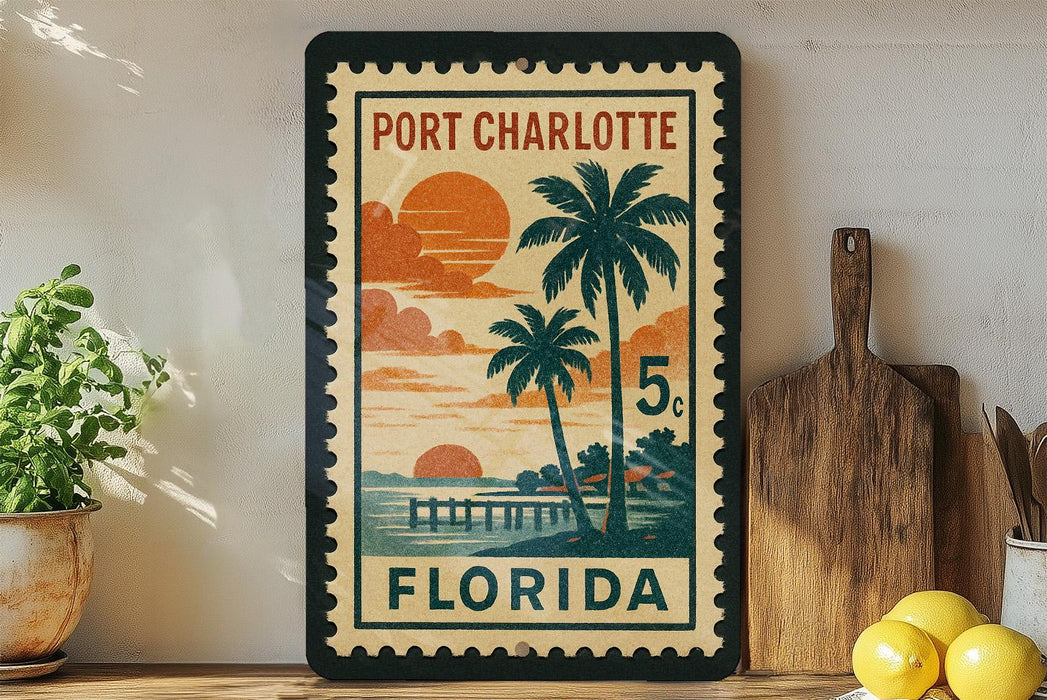 A vintage-style postage stamp from Port Charlotte, Florida, featuring a tropical beach scene with palm trees and a sunset.