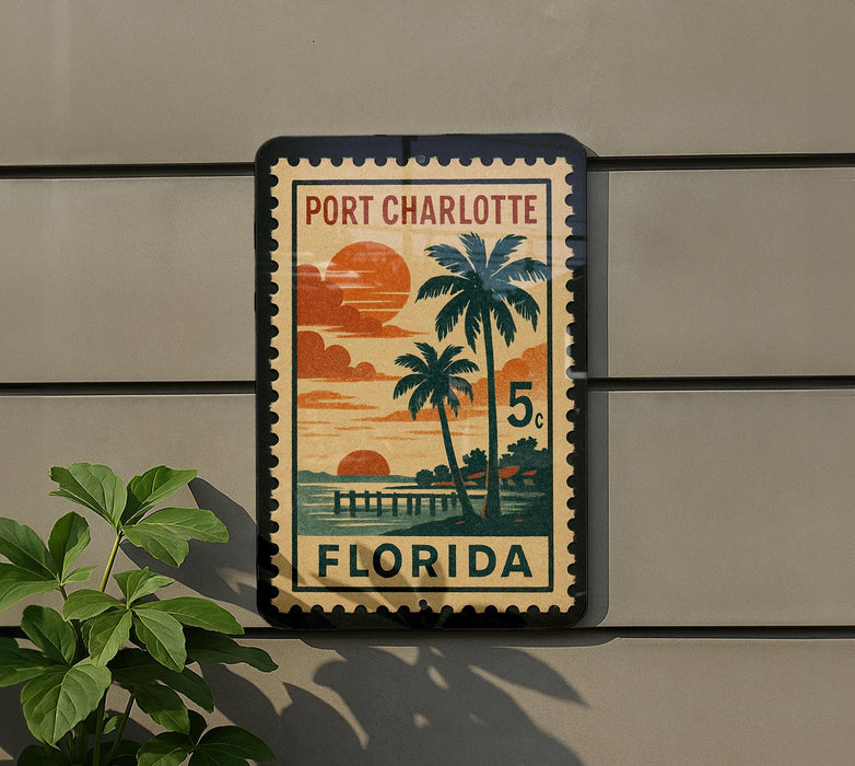 A vintage-style postage stamp from Port Charlotte, Florida, featuring a palm tree and sunset landscape.