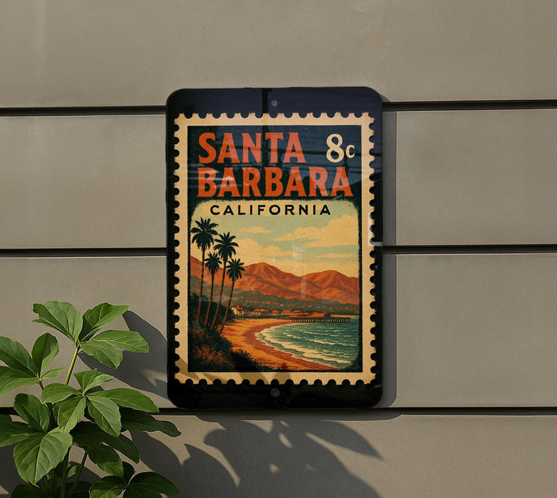 A vintage-style sign for Santa Barbara, California, featuring a beach scene with palm trees and mountains in the background.