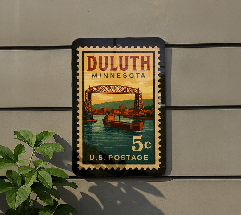 A postage stamp from Duluth, Minnesota, featuring a bridge and boats on the water.