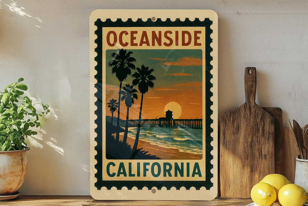 a vintage-style California postage stamp with a palm tree and sunset scene, displayed on a shelf next to a wooden cutting board and some lemons.