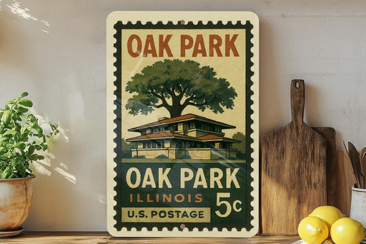 A vintage-style stamp depicting a house with a tree, placed on a shelf next to a wooden cutting board and some potted plants.