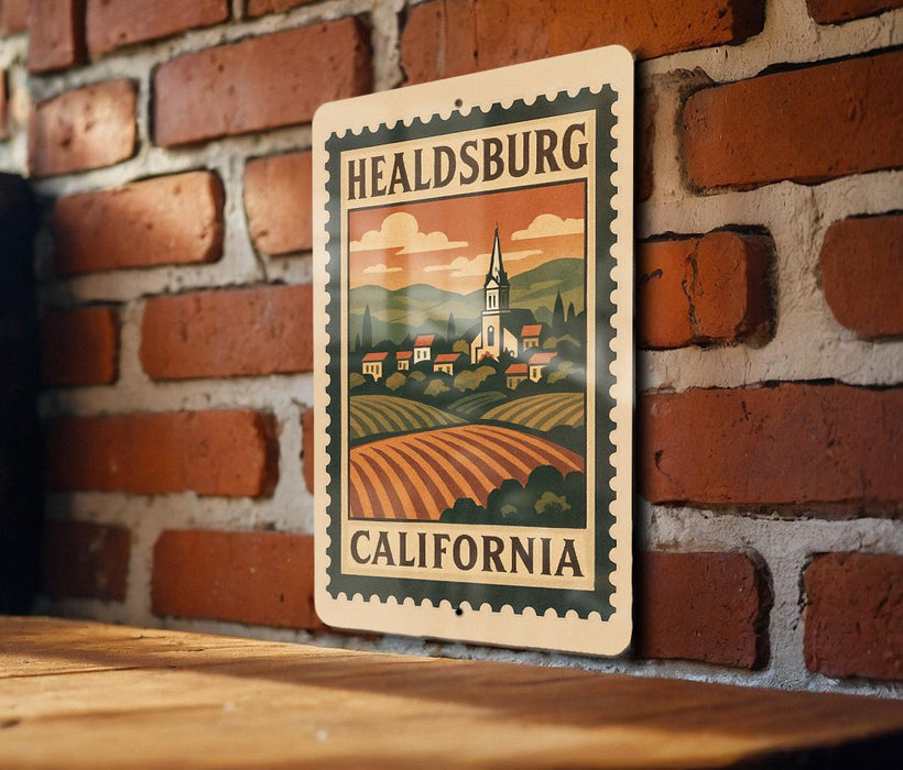 A vintage-style metal sign with a stamp-like border hangs on a brick wall, depicting a rural landscape with a church steeple and a farm in the foreground.