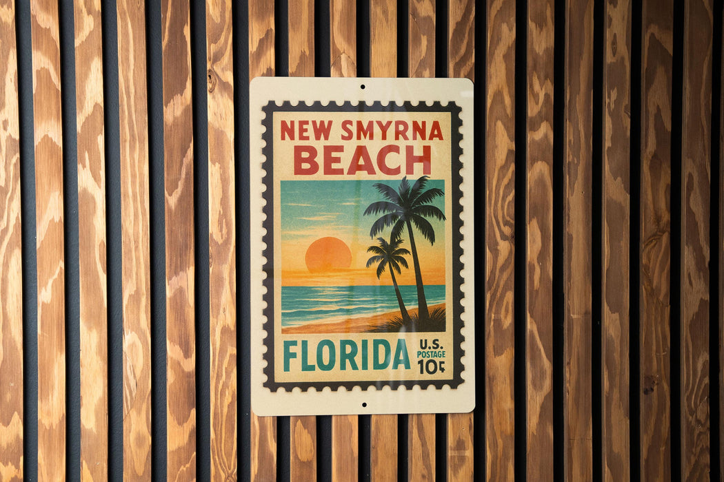 A vintage-style postage stamp from New Myrna Beach, Florida, featuring a palm tree and sunset on the beach.
