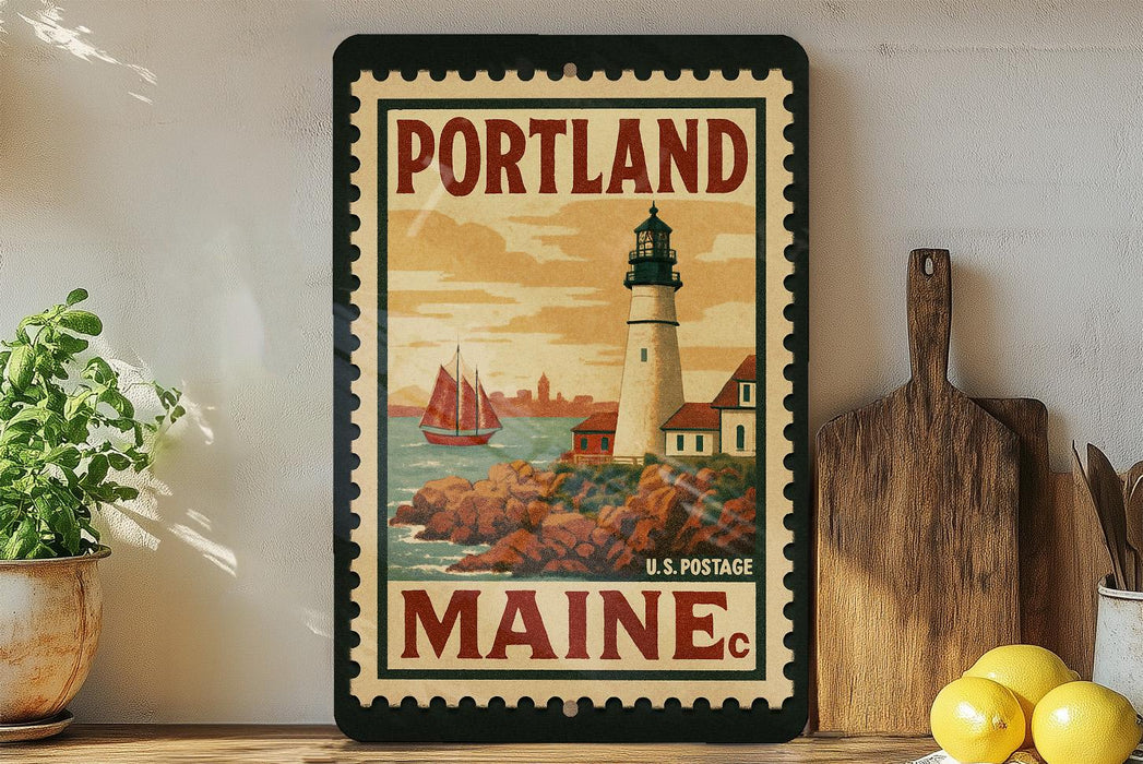 A framed vintage postage stamp from Maine, featuring a lighthouse and a sailboat, is displayed on a shelf next to a wooden cutting board and a potted plant.
