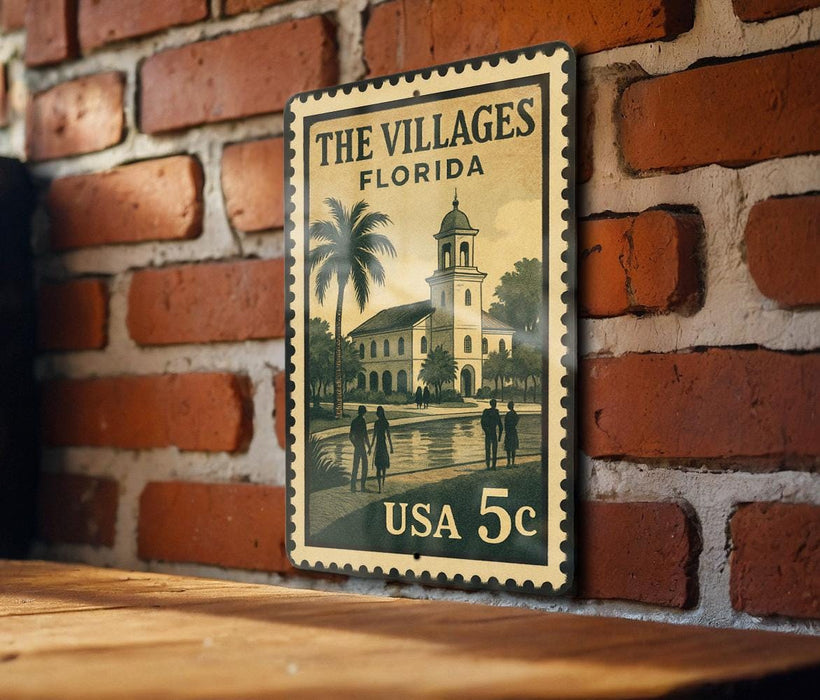 A vintage-style postage stamp depicting a brick wall with a palm tree and a building, mounted on a wooden surface.