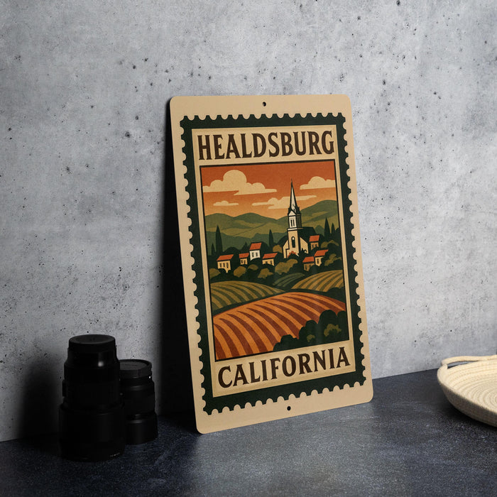 A metal sign with a vintage-style illustration of a town and countryside, featuring a church and a mountain in the background, is displayed on a table.