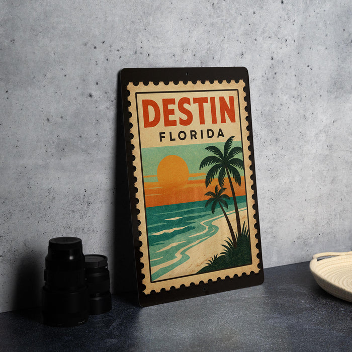 A framed poster of a tropical beach scene with palm trees and a sunset is displayed on a wall, accompanied by a stack of black camera lenses and a white dish.
