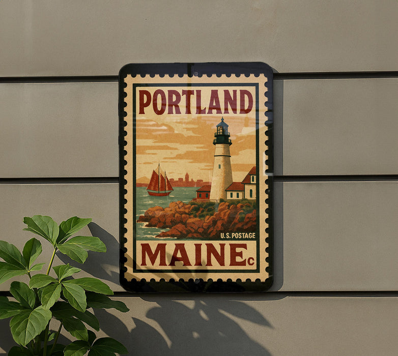 A vintage-style postage stamp depicting a lighthouse and sailboat, with the text "PORTLAND MAINE" and "U.S. POSTAGE" printed on it, is displayed on a wall.