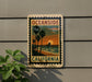 A vintage-style sign for Oceanside, California, featuring a sunset scene with palm trees and a pier.