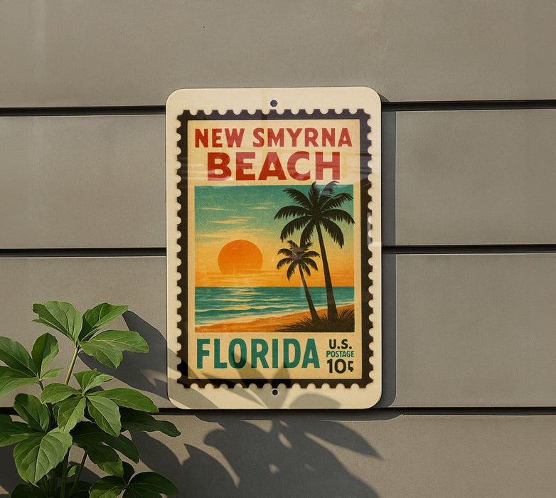 A vintage-style postage stamp depicting a tropical beach scene with palm trees and a sunset, mounted on a wall.