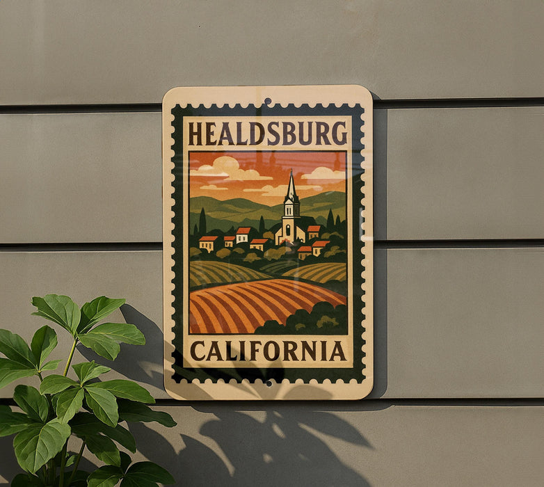 A vintage-style sign for Healdsburg, California, featuring a pastoral scene with a church and a town in the background.