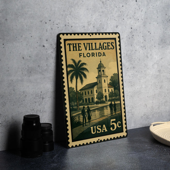 A vintage-style metal stamp depicting a scene from The Villages, Florida, with a bell tower and palm trees.