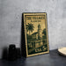 A vintage-style metal stamp depicting a scene from The Villages, Florida, with a bell tower and palm trees.