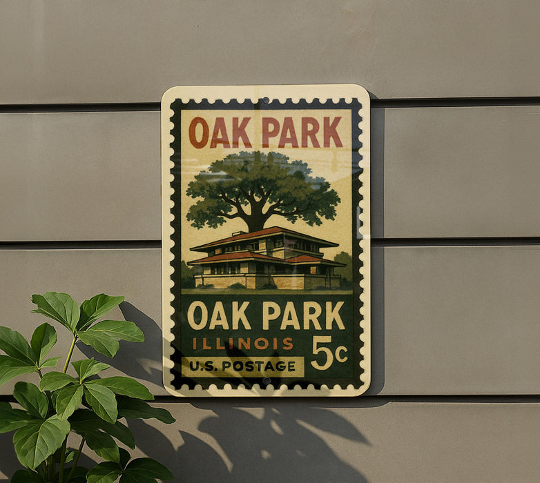 A vintage-style postage stamp featuring an illustration of a house and a tree, mounted on a wall next to a plant.