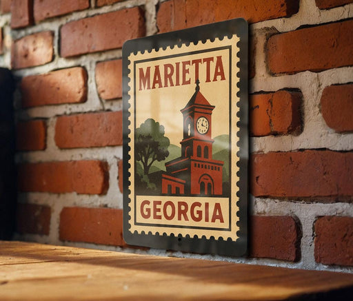 A metal sign with a vintage-style illustration of a clock tower and the text "MARIETA GEORGIA" is displayed on a brick wall.