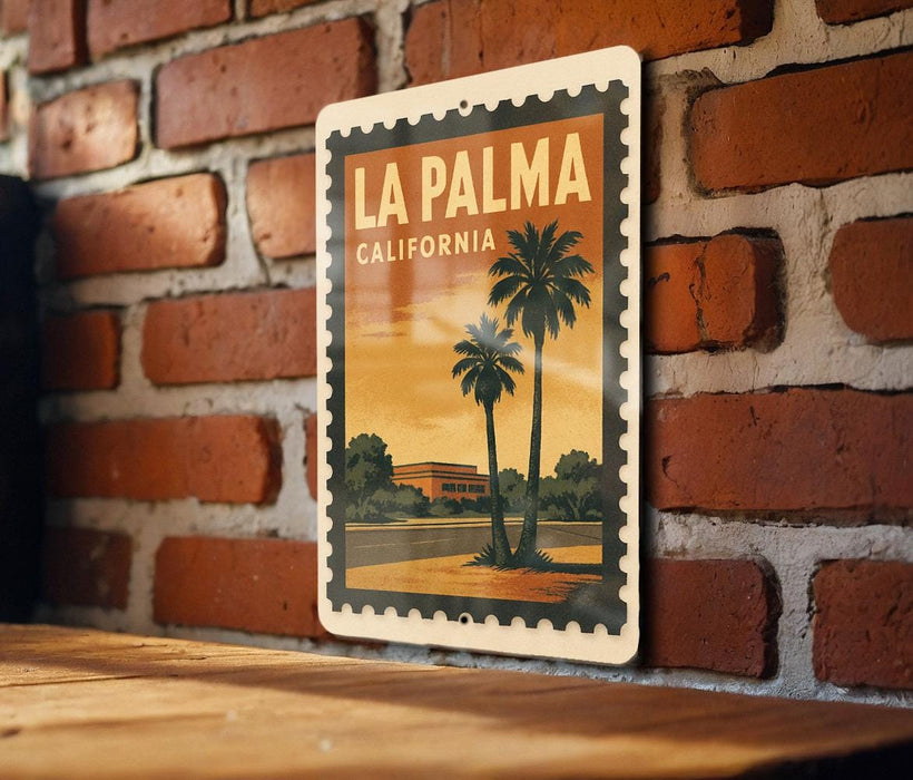 A vintage-style metal sign with the text "LA PALMA CALIFORNIA" displayed on it, featuring a palm tree and a building in the background.