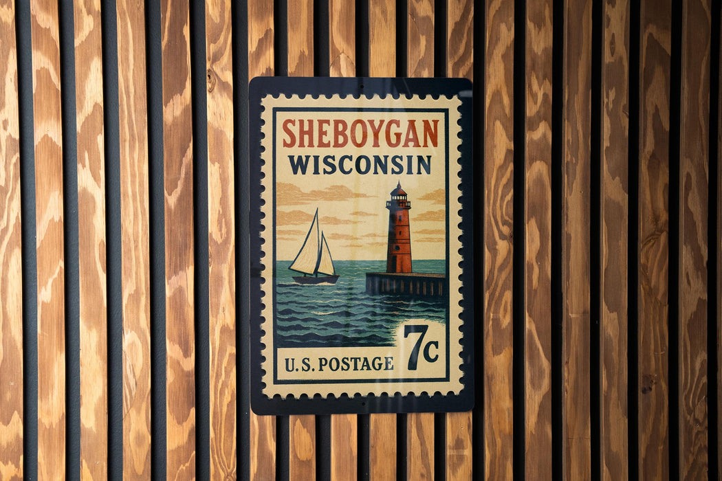 A vintage-style postage stamp from Wisconsin featuring a lighthouse and a sailboat, mounted on a wooden wall.