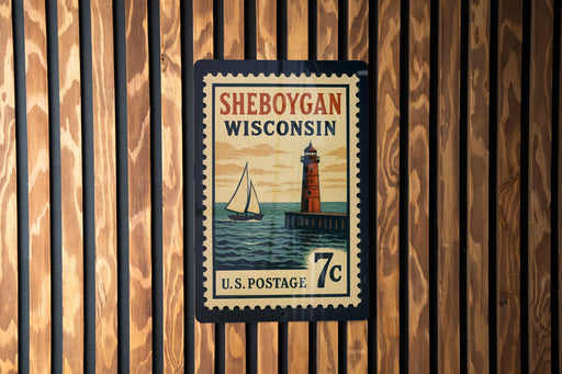 A vintage-style postage stamp from Wisconsin featuring a lighthouse and a sailboat, mounted on a wooden wall.