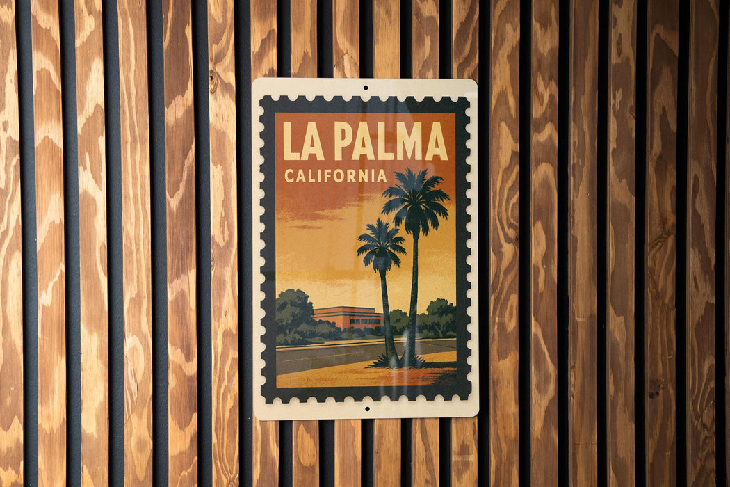 A vintage-style poster of La Palma, California, featuring palm trees and a building, is displayed on a wooden wall.
