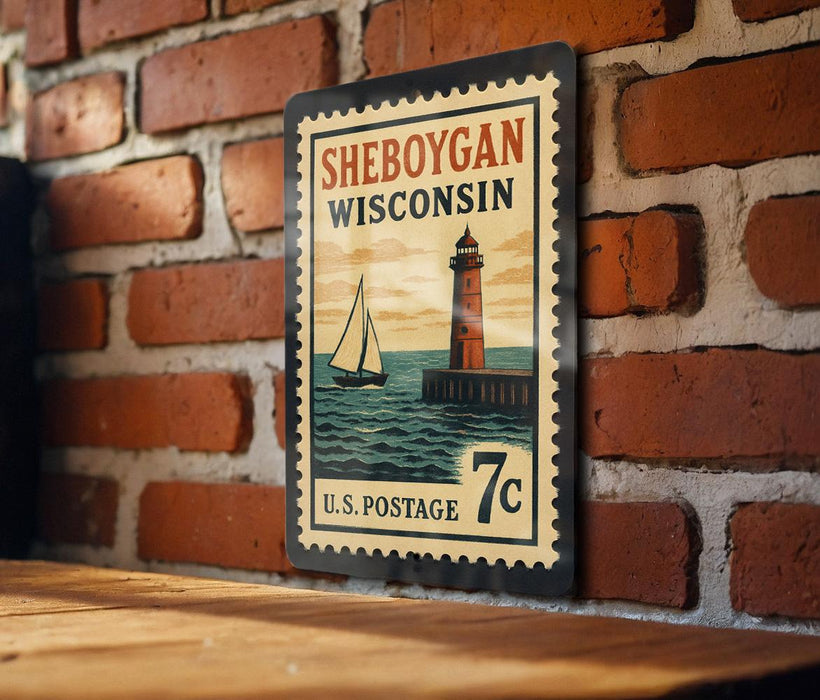 A vintage-style postage stamp from Wisconsin, featuring a lighthouse and a sailboat, is displayed on a brick wall.