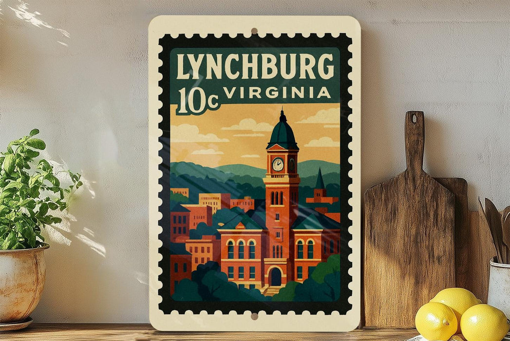 A framed illustration of Lynchburg, Virginia, featuring a clock tower and a cityscape, is displayed on a shelf next to a wooden cutting board and a potted plant.