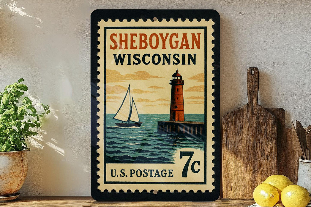 A vintage-style postage stamp from Wisconsin featuring a lighthouse and a sailboat, with the text "SHEBOYGAN WISCONSIN" and "U.S. POSTAGE 7c".