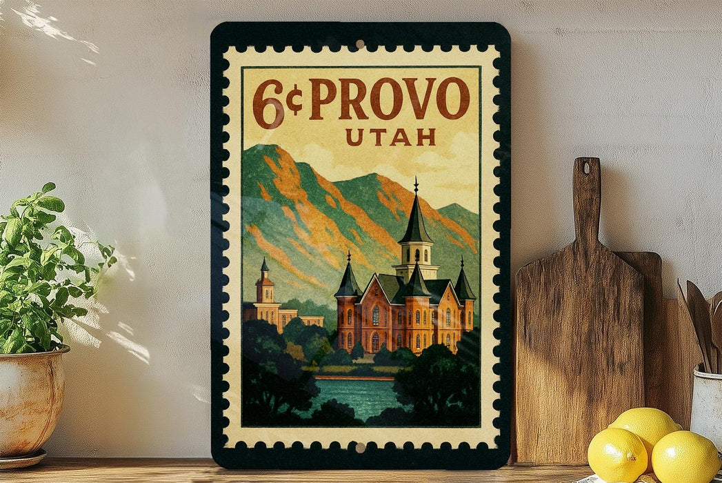 A framed vintage-style poster of a castle or palace, with mountains in the background, is displayed on a wall next to a wooden cutting board and some potted plants.