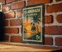 A vintage-style stamp depicting a tropical beach scene with palm trees and a sunset, mounted on a brick wall.