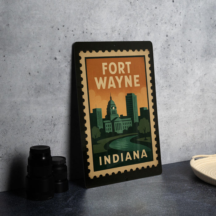 A framed poster of Fort Wayne, Indiana, featuring a cityscape and the text "Fort Wayne Indiana" on a black background.