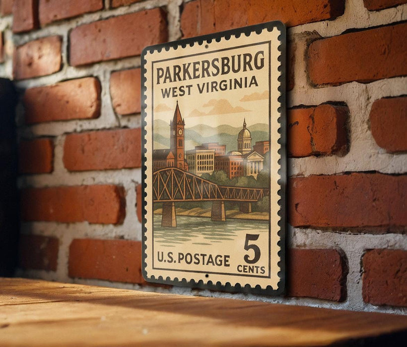 A vintage postage stamp from the United States of America, featuring a cityscape and a bridge, mounted on a brick wall.