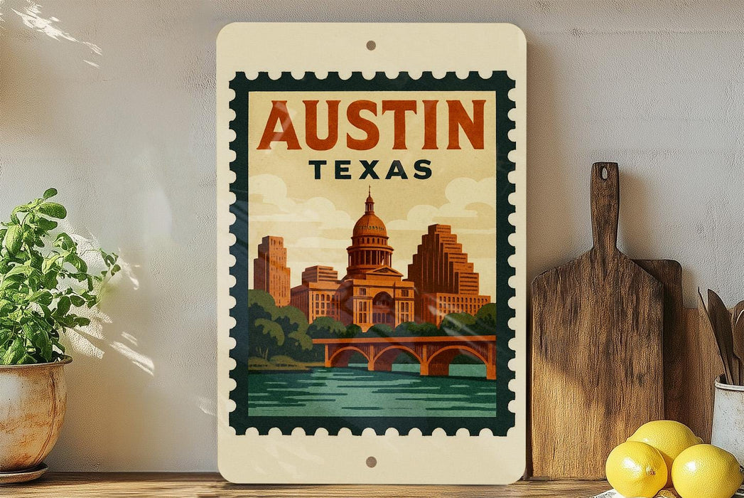 A framed poster of the Austin, Texas skyline with a bridge and water, displayed on a wall next to kitchen utensils and a potted plant.