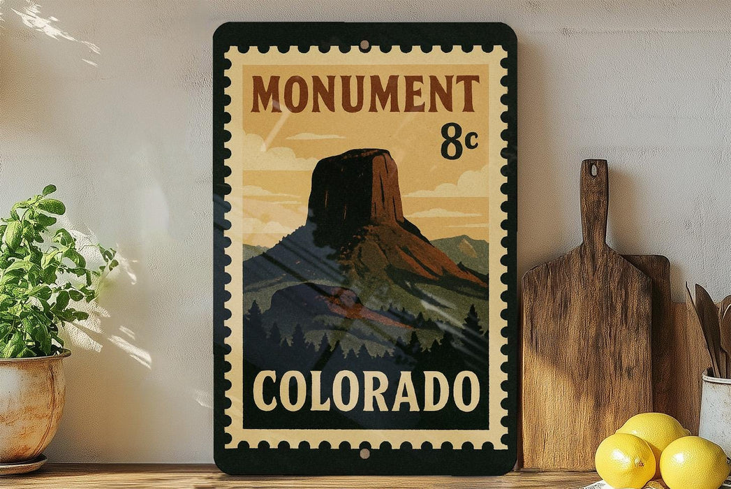 A vintage-style metal sign with a mountain landscape and the text "MONUMENT COLORADO" is displayed on a shelf, accompanied by a wooden cutting board and a potted plant.