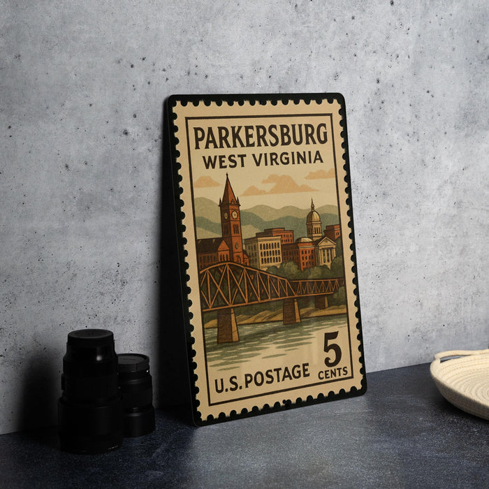 A vintage postage stamp from West Virginia, featuring an illustration of a bridge and buildings, placed on a countertop next to some black camera lenses.