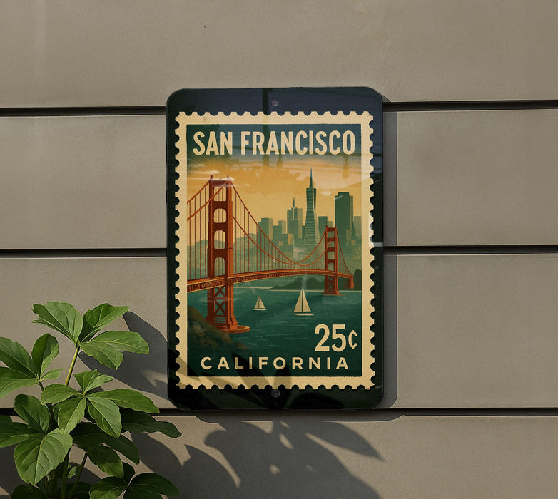 A postage stamp featuring the Golden Gate Bridge in San Francisco, California, with the text "SAN FRANCISCO" and "25¢ CALIFORNIA" printed on it.