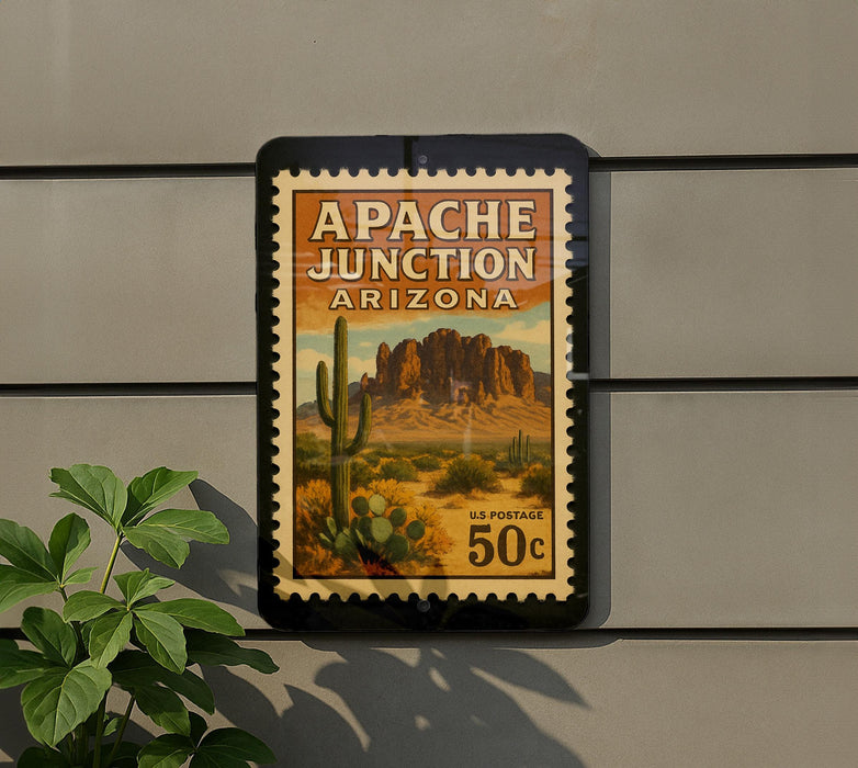 A vintage-style postage stamp depicting the scenic landscape of the Apache Junction in Arizona, with a cactus and mountains in the background.