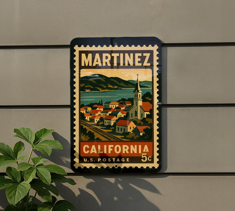 A vintage-style postage stamp depicting a town in California, with mountains in the background and a church steeple visible.