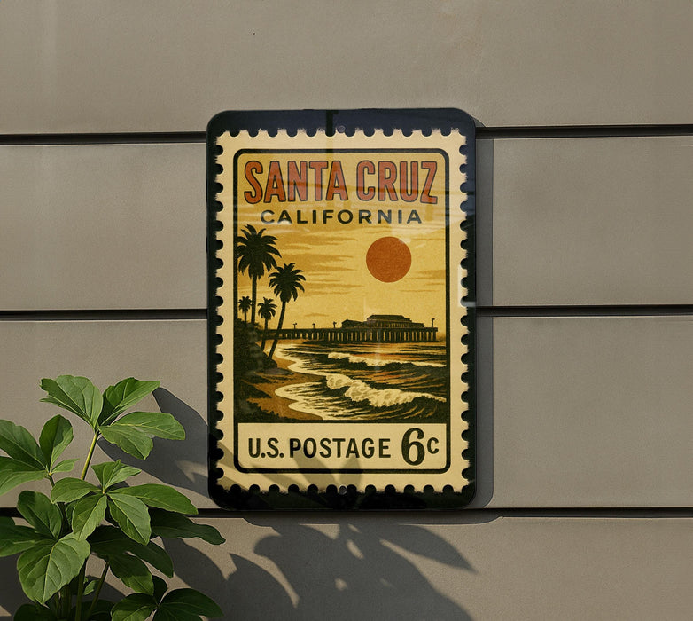 A vintage postage stamp from Santa Cruz, California, featuring a beach scene with palm trees and a sunset.