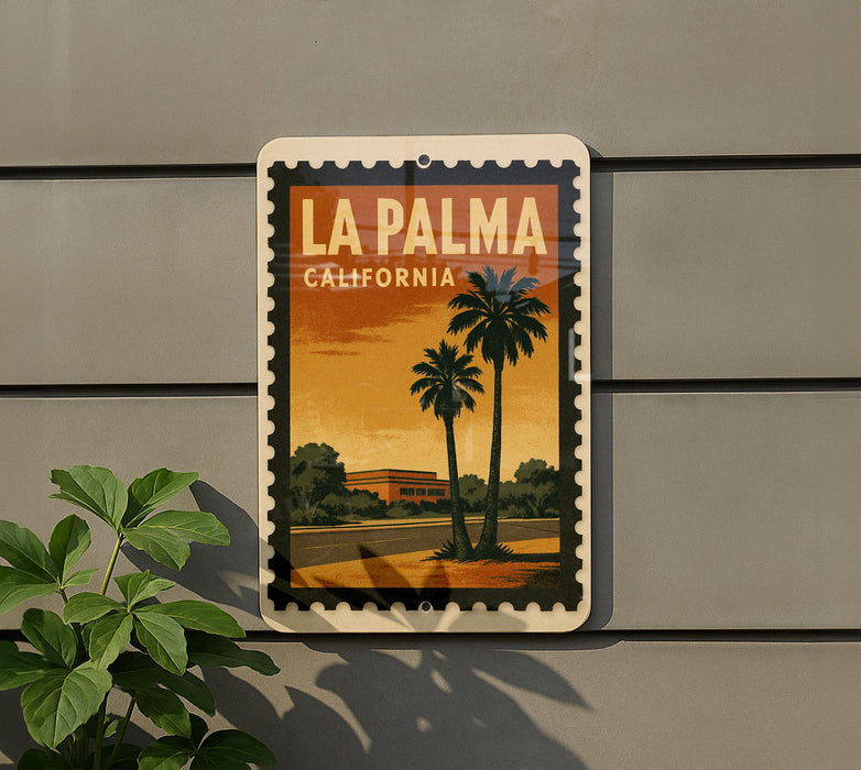 A vintage-style poster of La Palma, California, featuring palm trees and a sunset landscape.