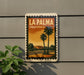 A vintage-style poster of La Palma, California, featuring palm trees and a sunset landscape.