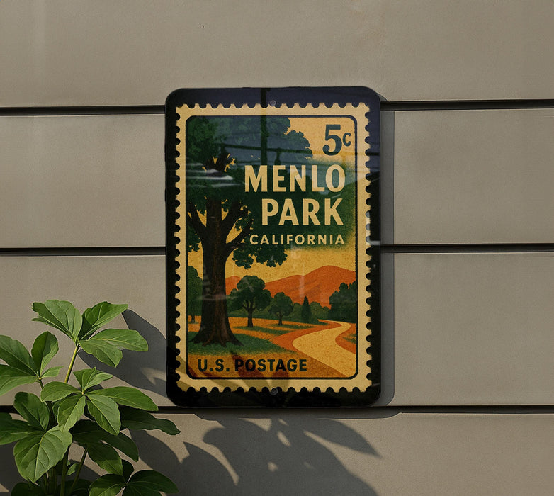 A vintage U.S. postage stamp for Menlo Park, California, featuring a scenic landscape with a tree and a road.