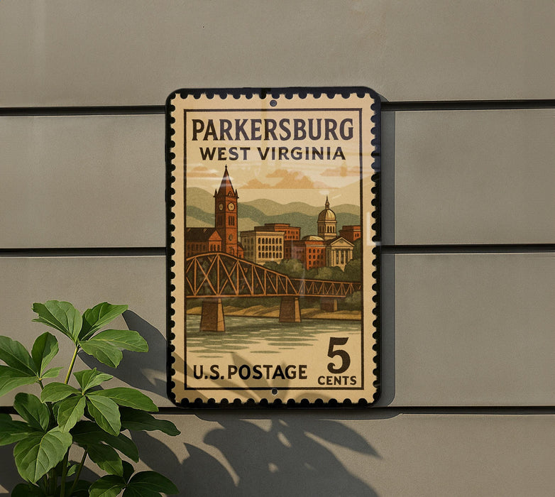 A vintage-style postage stamp from West Virginia, featuring a bridge and cityscape, mounted on a wall.
