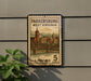 A vintage-style postage stamp from West Virginia, featuring a bridge and cityscape, mounted on a wall.