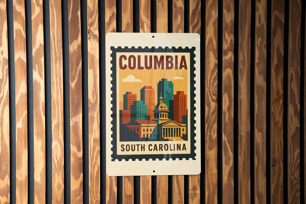 A metal sign with a colorful illustration of a city skyline and the text "COLUMBIA SOUTH CAROLINA" is displayed on a wooden wall.