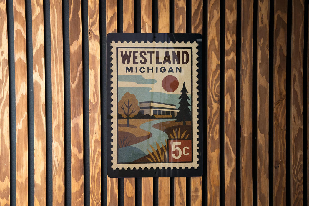 A vintage-style postage stamp from Westland, Michigan, featuring a scenic landscape with a river and a house, mounted on a wooden wall.