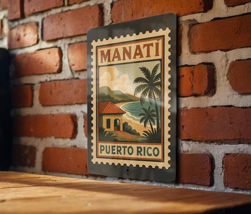 A vintage-style metal sign with a tropical landscape and palm trees, mounted on a brick wall.