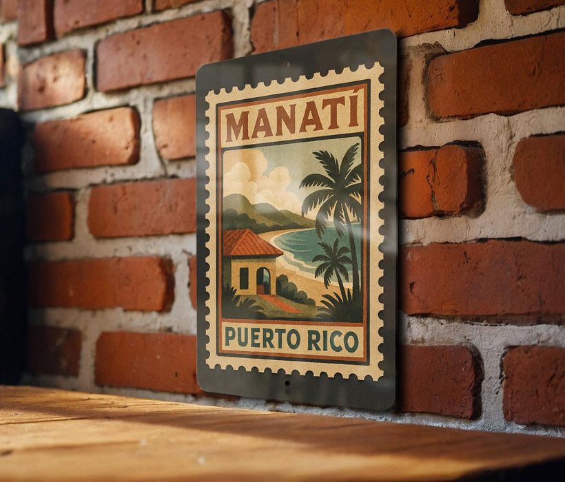 A vintage-style metal sign with a tropical landscape and palm trees, mounted on a brick wall.