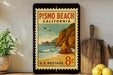 A vintage-style postage stamp depicting Pismo Beach, California, with a beach scene, pier, and mountains in the background.